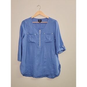 JNY Linen Tunic Womens Large Blue 1/2 Zip Roll Tab Sleeve Pockets Shirt Blouse